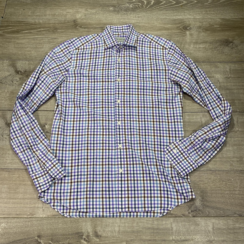 Etro Shirt Mens 39 Purple Blue Check Button Up Long Sleeve Made in Italy Cotton